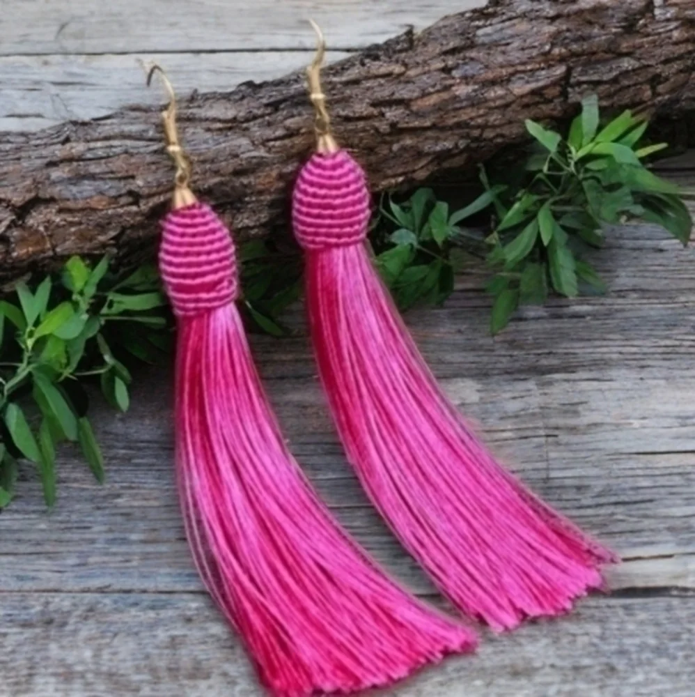 J.CREW HOT PINK TASSEL EARRINGS 2 - Picture 1 of 4